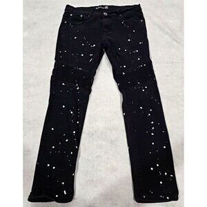 Blue Cult Men's 32 Biker Jeans Black Paint Splatter Ribbed Moto Streetwear Slim